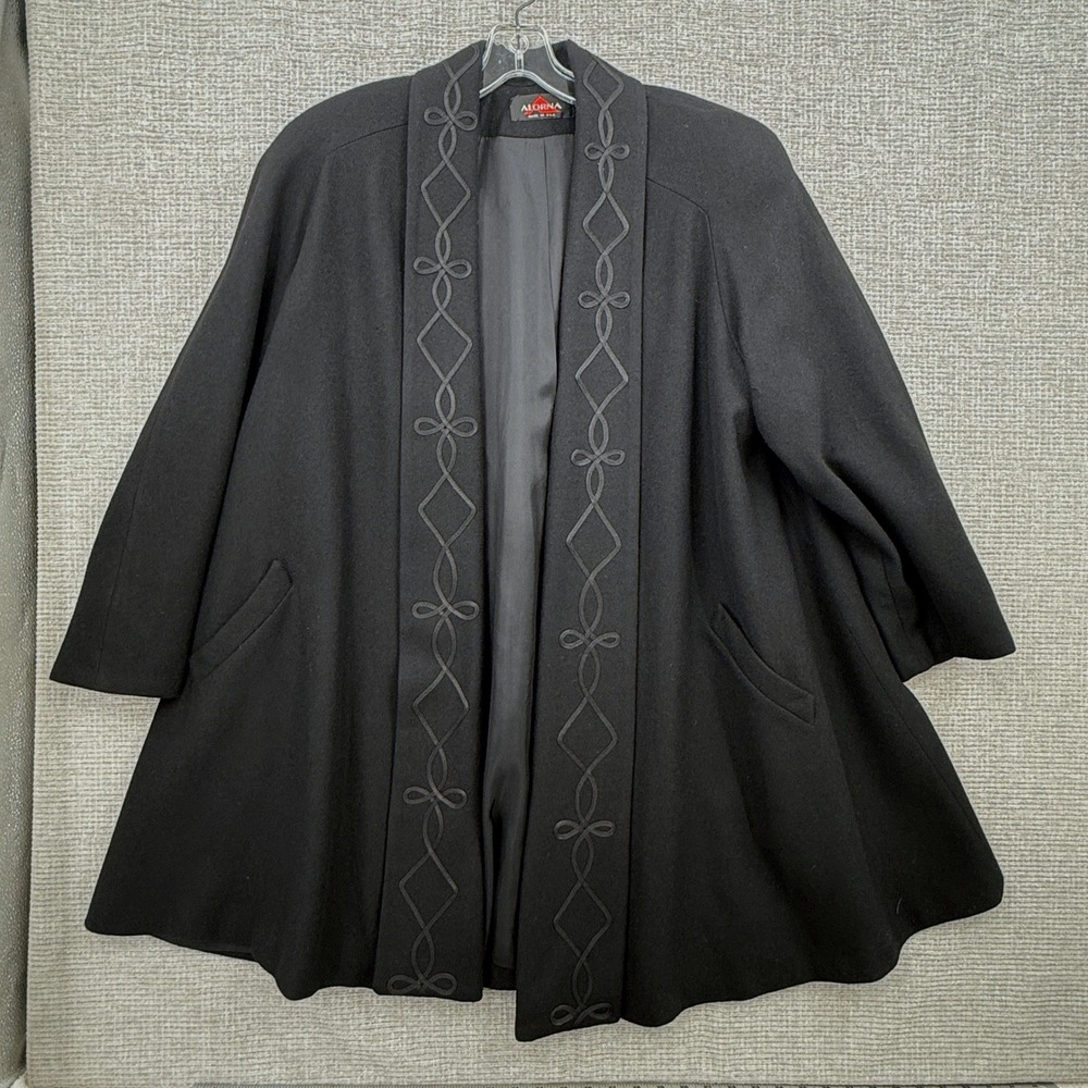 Vtg Vtg Alorna Pure Wool Embroidered Open Front Swing Coat Women XL Trad Retro